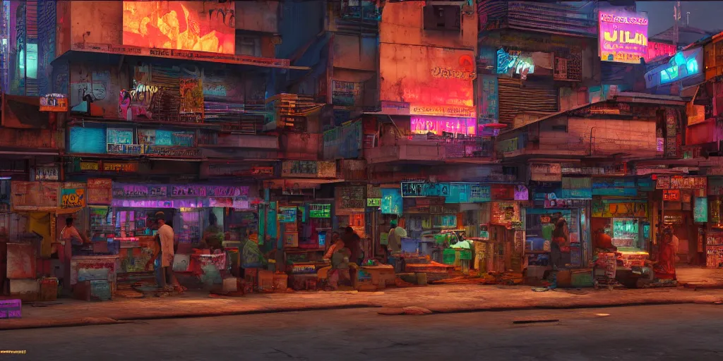 Prompt: cyberpunk style indian slum with hindu kovil slum street with shops with neon sign in night, photorealism, unreal engine, 8 k, volumetric lighting, beeple style