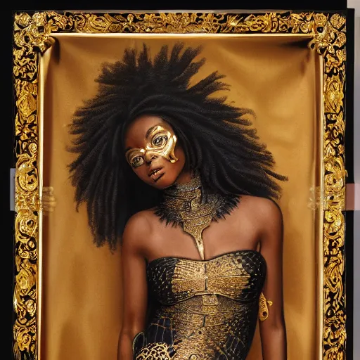 Prompt: Portrait of a beautiful black woman with symmetrical features, standing in gilded black and gold armour, full body, intricate detail, high fantasy, manga,