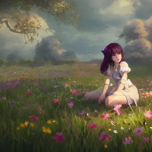 Prompt: cute catgirl character in a field of flowers 4k crisp features miyazaki greg rutkowski