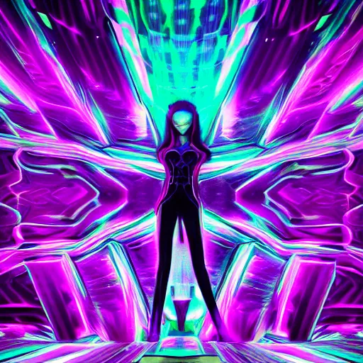 Image similar to long Shot of psychedelic Black widow standing in mysterious chromatic astral temple , stylish, lsd, soft, vimeo, cinematic, artwork by WLOP