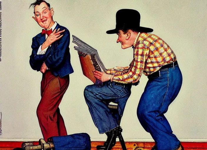 Image similar to “ painting of stan laurel and oliver hardy, by norman rockwell and robert crumb, coloured ”