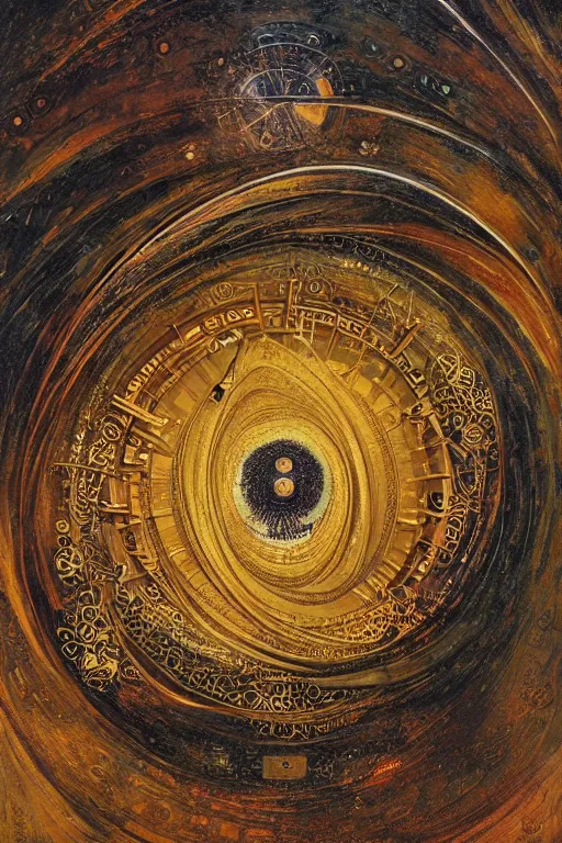 Prompt: The Helliquary by Karol Bak, Jean Deville, Gustav Klimt, and Vincent Van Gogh, otherworldly, fractal structures, arcane, clockface, spiral clock, inferno, inscribed runes, reliquary, infernal relics, ornate gilded medieval icon, third eye, spirals