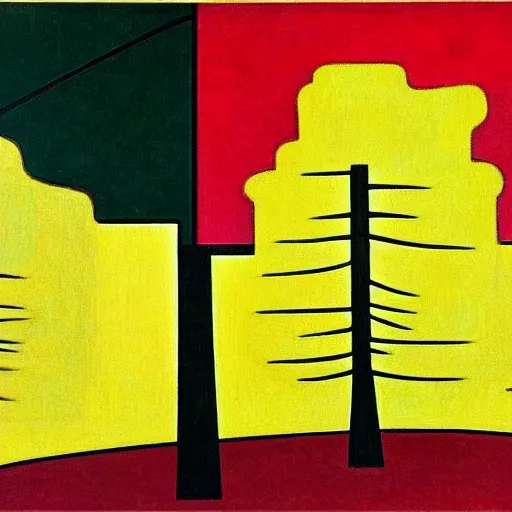 Image similar to frank lloyd wright, a busy painting of trees with a yellow background, an art deco painting by mondrian, featured on pixiv, synthetism, fauvism, creative commons attribution, academic art