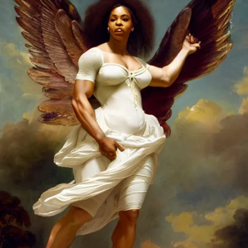 Image similar to Portrait of Serena Williams with wings as Nike Goddess standing proud, large wings, luxuriant, dreamy, eternity, romantic, strong pose, highly detailed, in the style of Franz Xaver Winterhalter, highly detailed, in the style of Aetherpunk