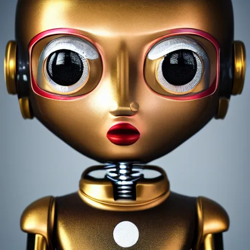 Image similar to closeup portrait of tin toy retro robot doll, depth of field, f 3 2, zeiss lens, detailed, centered, fashion photoshoot, by nicoletta ceccoli, mark ryden, lostfish, breathtaking, 8 k resolution, extremely detailed, beautiful, establishing shot, artistic, hyperrealistic, octane render