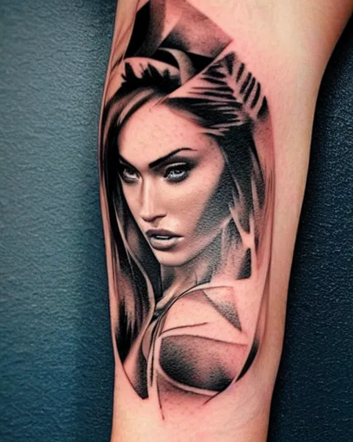 Image similar to creative double exposure effect tattoo design sketch of megan fox faded in beautiful mountain scenery, realism tattoo, in the style of matteo pasqualin, amazing detail, sharp