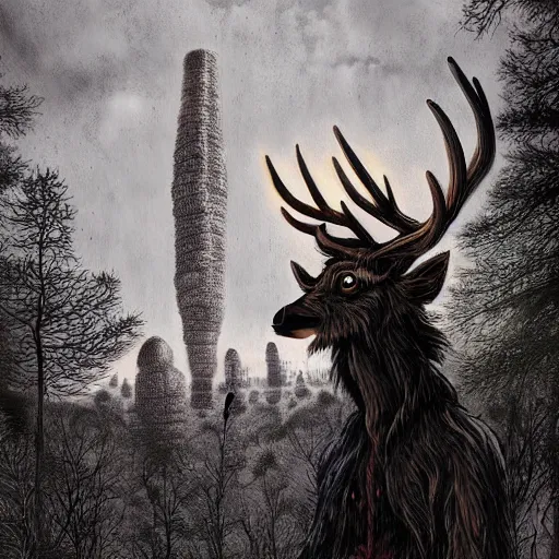 Image similar to 4 k headshot portrait of a psychedelic demonic anthropomorphic deer - horned wendigo smoking a hand - rolled cigarette smoking heavily, magic mushroom village in background. award winning. superb resolution. in the art style of junji ito and greg rutkowski. detailed mushroom city in background. hyper realistic anime. perfect art. dalle 2