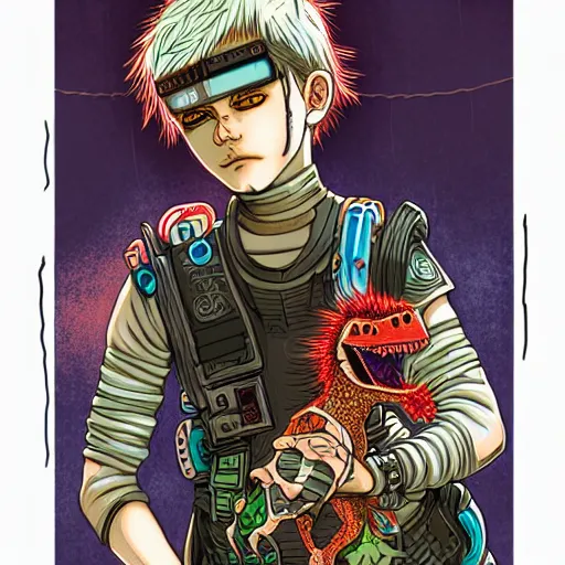 Prompt: intricate detailed color manga style illustration of a cyborg punk street kid with a pet dinosaur, cyberpunk