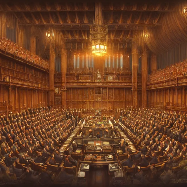 Image similar to an isometric digital painting of the chamber of the house of lords by justin gerard, paul bonner, highly detailed, volumetric lighting, digital art, isometric, artstation hd