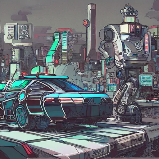 Prompt: a drawing of a police car surrounded by robots, cyberpunk art by josan gonzalez, artstation, maximalism, apocalypse art, concept art, parallax