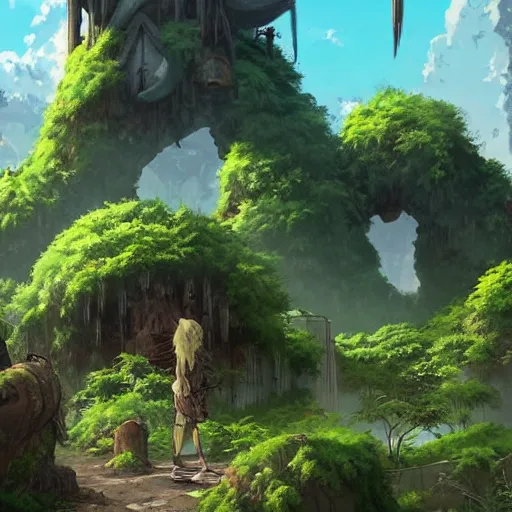 Image similar to a giant troll in city ruins overtaken by vegetation in anime style highly detailed by makoto Shinkai and Raphael Lacoste