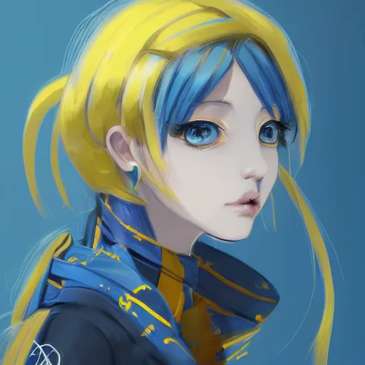 Image similar to a portrait of anime ukrainian blue and yellow girl, concept art, trending on artstation, highly detailed, intricate, sharp focus, digital art, 8 k