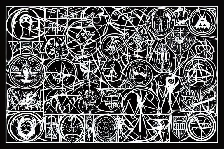 Image similar to demonic sigil diagram clean shapes by bauhaus sprite sheet, b & w, vector