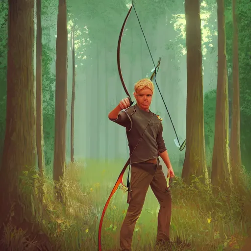 Prompt: archer boy, blonde hair, green eyes, holding bow and arrow, highly detailed, full body, forest, artstation, by alena aenami