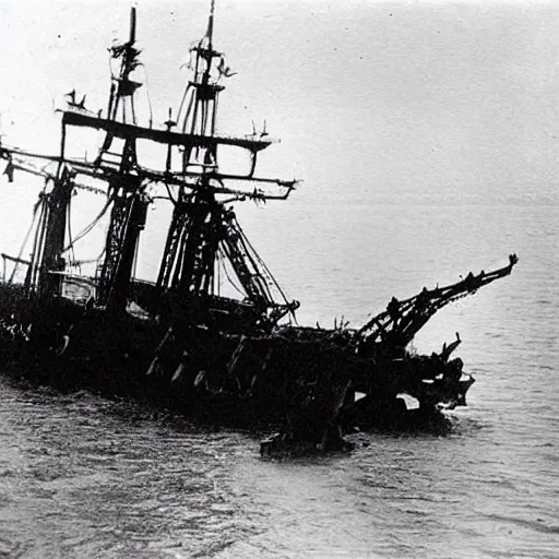 Image similar to an old ship on the bottom of the ocean that sunk a long time ago. mysterious, intimidating, haunted