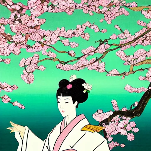 Image similar to A beautiful installation art of a young woman in a traditional kimono, with a background of sakura blossoms. emerald by Osamu Tezuka