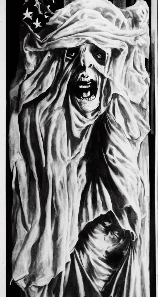 Image similar to ghost emerging from a politician, american flag, jesus christ crying in the background, lomo