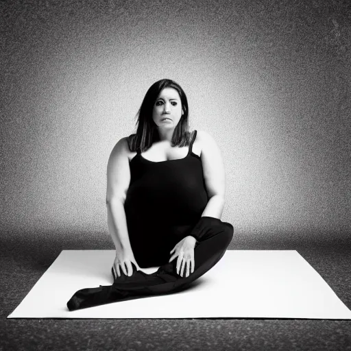 Image similar to a woman sitting on the ground with her legs crossed, a portrait by thomas millie dow, instagram, arabesque, white background, black background, studio portrait