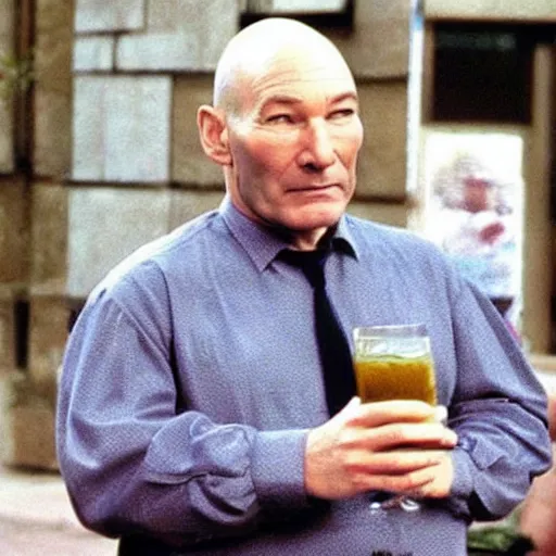 Image similar to fat patrick stewart in a dress drinking alcohol