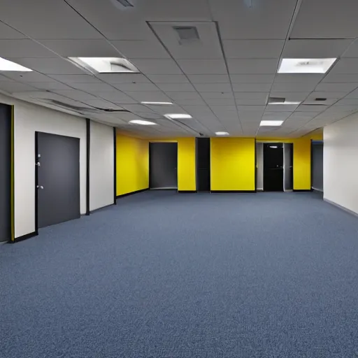 Image similar to the backrooms : an endless maze of randomly generated office rooms and other environments. it is characterized by the smell of moist carpet, walls with a monochromatic tone of yellow, and buzzing fluorescent lights