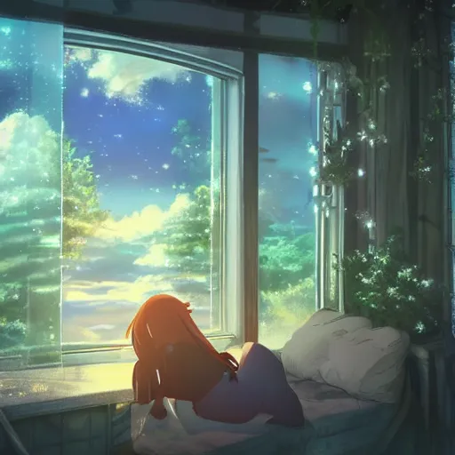 Image similar to a heavenly dream view from the interior of my cozy house from a Makoto Shinkai oil on canvas inspired pixiv dreamy scenery art majestic fantasy scenery cozy window frame fantasy pixiv scenery art inspired by magical fantasy exterior