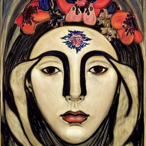 Image similar to masterpiece painting of a facemask made of stylized flowers, by annie swynnerton and jean delville and john watkiss and rufino tamayo and tino rodriguez, flower mask, art deco shaman, symbolist, dramatic lighting, god rays, elaborate geometric ornament, modern realism, clean crisp graphics, soft cool colors, smooth, sharp focus, extremely detailed