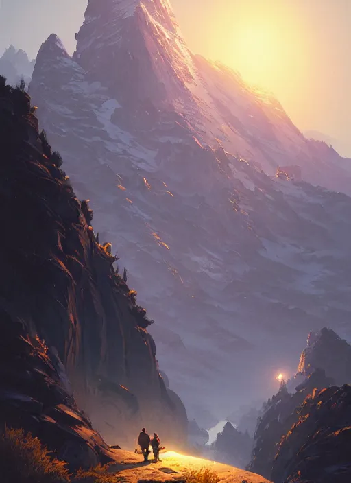 Image similar to highly detailed mountain in night, gta v, stephen bliss, unreal engine, fantasy art by greg rutkowski, loish, rhads, ferdinand knab, makoto shinkai and lois van baarle, ilya kuvshinov, rossdraws, tom bagshaw, global illumination, radiant light, detailed and intricate environment