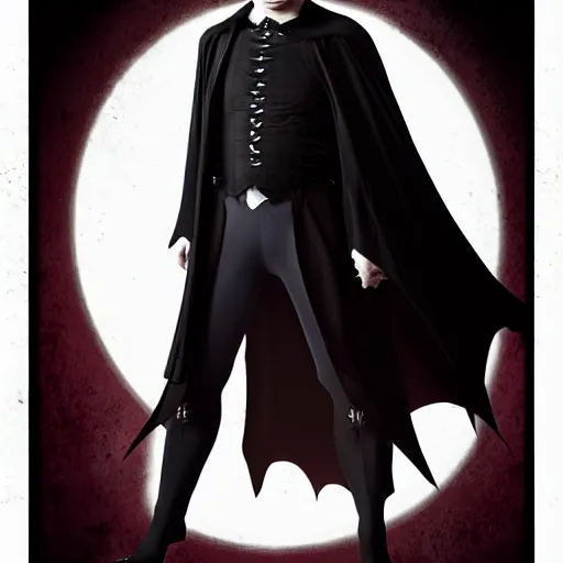 Image similar to a vampire, male, late - 4 0 s aged, long, slicked black hair, clean shaven, wearing a cape, regal, royal, grim facial expression, high fantasy, full color digital art, cinematic shot, full body shot.