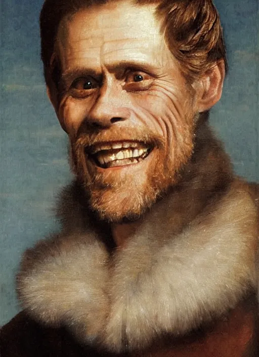 Prompt: portrait painting of willem dafoe with stubble smiling warmly, renaissance oil painting, chiaroscuro