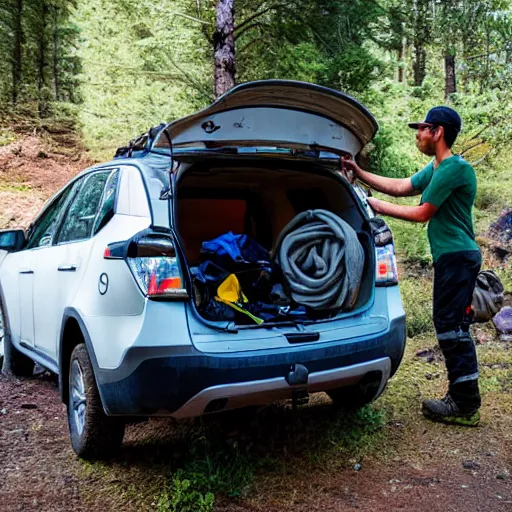 Image similar to hiker unloading the car before camping, style by fernando sawa