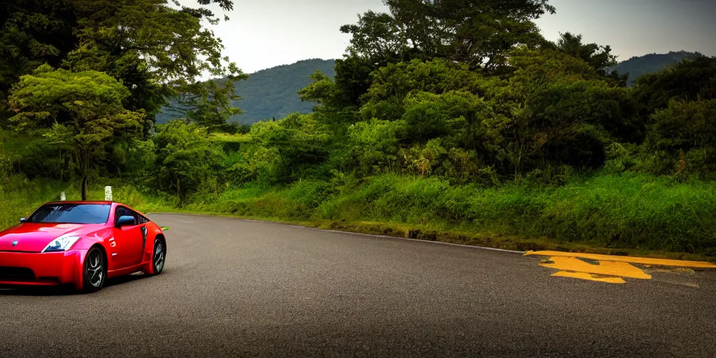 Prompt: Beautiful Photograph of Nissan 350z on a road in Japanese countryside, Night