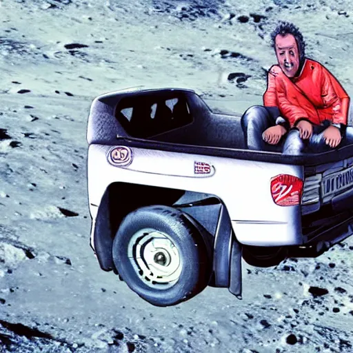 Image similar to A realistic digital photograph of Jeremy Clarkson from the television show Top Gear driving a Toyota Hilux pickup truck to the Moon