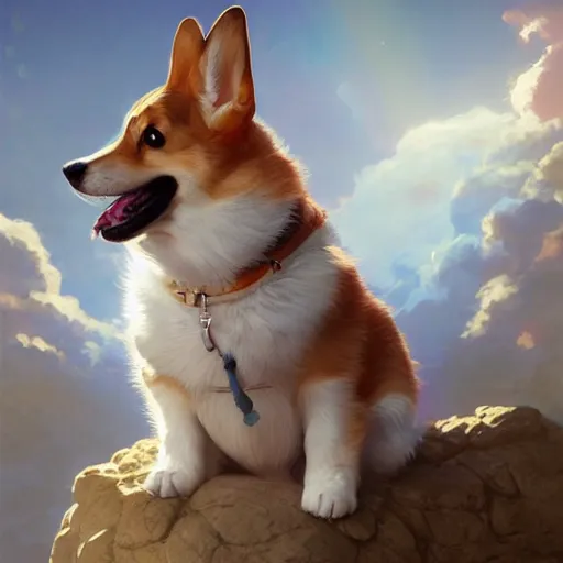 Prompt: angelic corgi in heaven, adorable, cute, hyperrealistic, very lifelike, extremely detailed, beautiful digital illustration by artgerm, moebius, greg rutkowski, ruan jia, simon stalenhag, makoto shinkai, rossdraws, alphonse mucha, trending on artstation, pixiv, 8 k