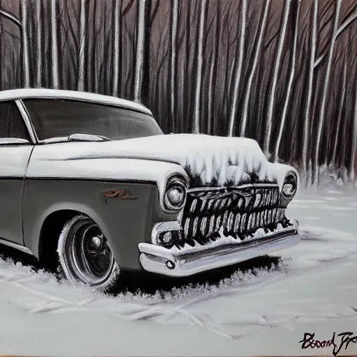 Prompt: rusty ford bel air in winter forest, grey scale, oil painting by Bob Ross