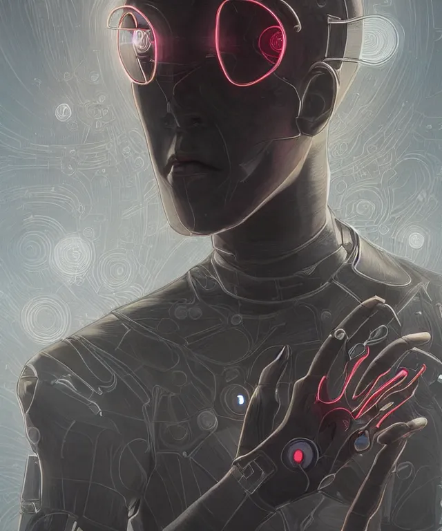 Image similar to a male android portrait wearing a suit and tie, surrealism, scifi, intricate, elegant, sharp eyebrows, highly detailed cybernetic body, neon glowing eyes, digital painting, artstation, concept art, smooth, sharp focus, illustration, art by artgerm and moebius and peter mohrbacher