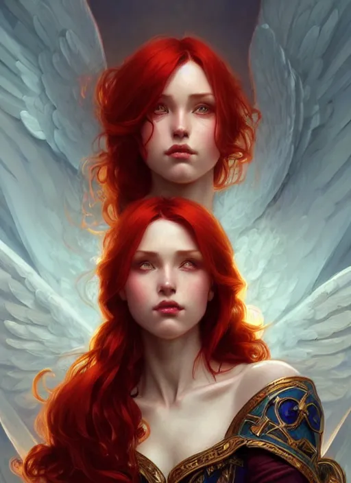 Image similar to a beautiful red haired woman a an angel, deep focus, d & d, fantasy, intricate, elegant, highly detailed, digital painting, artstation, concept art, matte, sharp focus, illustration, hearthstone, art by artgerm and greg rutkowski and alphonse mucha