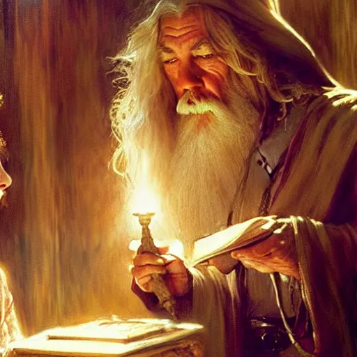 Image similar to gandalf and emma watson studying magic, highly detailed painting by gaston bussiere, craig mullins, j. c. leyendecker 8 k