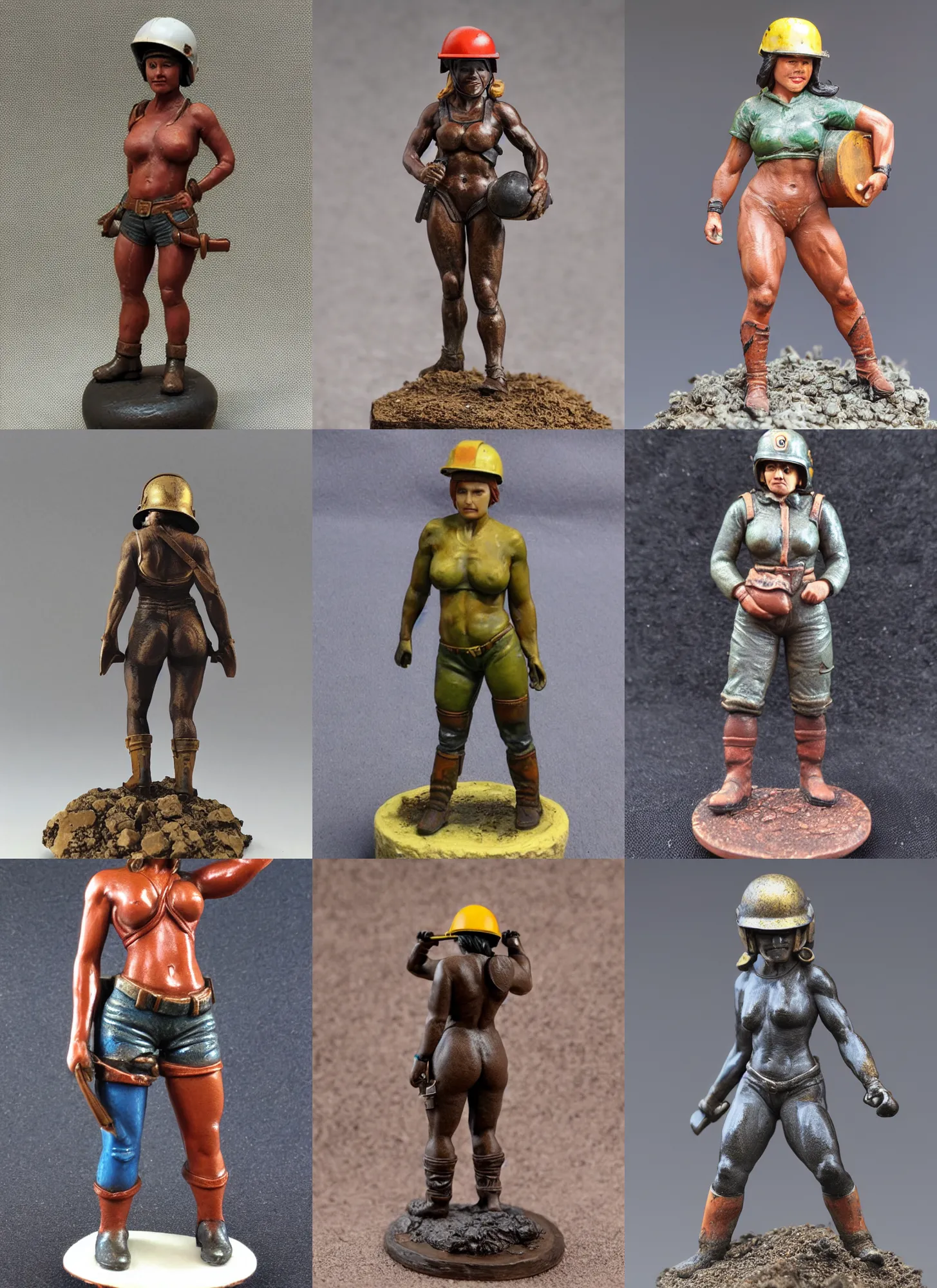 Prompt: 80mm resin detailed miniature of a very Muscular miner woman, helmet, stomach, navel, boots, Logo, textured base; Product Introduction Photos, 4K, view from front