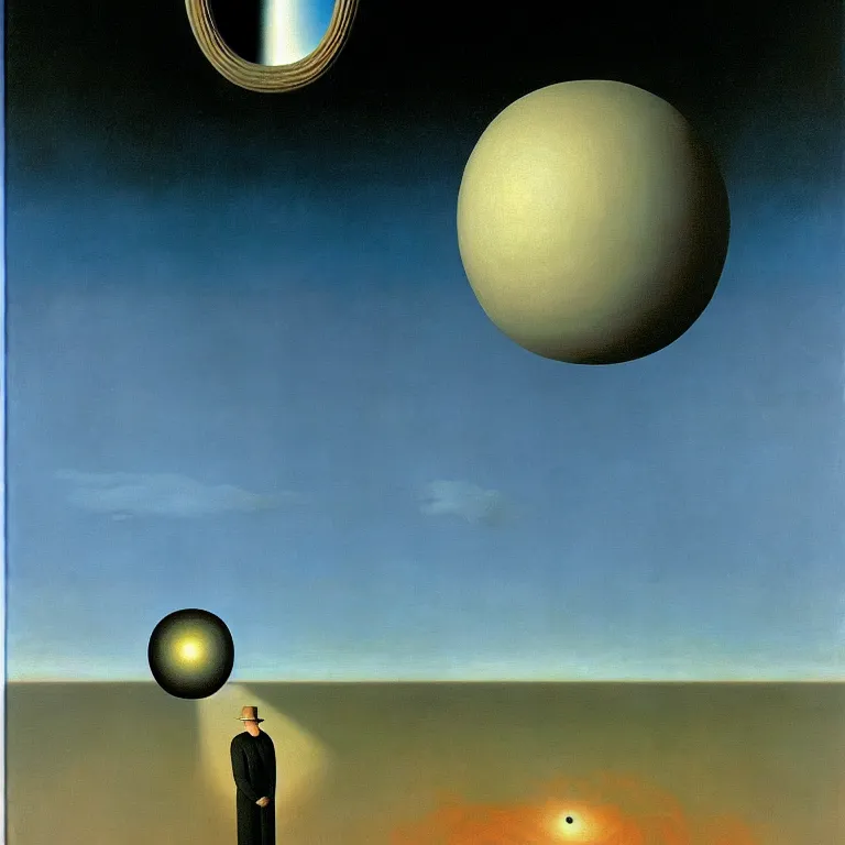 Prompt: a man looks into his own painting and sees a black hole, by rene magritte and salvador dali, surreal, oil on canvas, hyper detailed