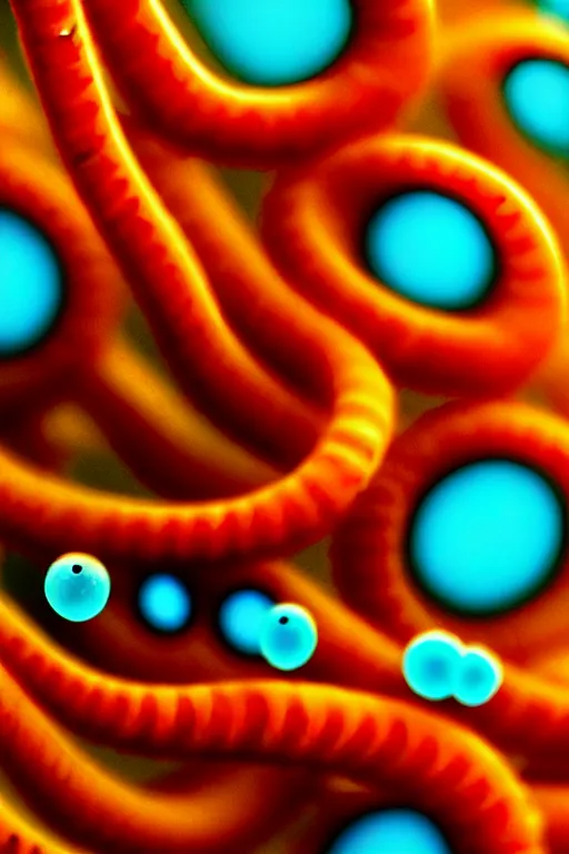 Image similar to high quality close-up photo translucent biomechanic worms! gorgeous orange dots highly detailed hannah yata elson peter cinematic turquoise lighting high quality low angle hd 8k sharp shallow depth of field