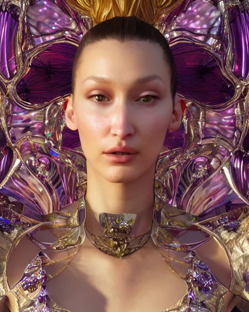 Prompt: a highly detailed metahuman 8 k close up render of bella hadid as alice in wonderland renaissance in iris van herpen dress schiaparelli in diamonds crystals swarovski and jewelry iridescent in style of alphonse mucha gustav klimt trending on artstation made in unreal engine 4