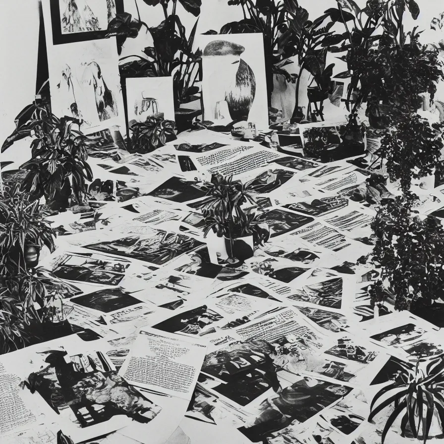 Prompt: A black and white photography of an exhibition space with objects of Sun Ra, Marcel Duchamp and tropical plants, 60s, offset lithography print, newspaper, detail