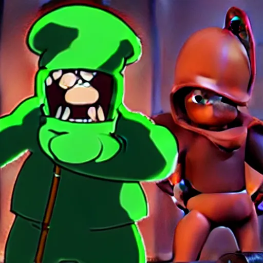 Image similar to Elmer Fudd from Loony Tunes in Doom, wearing green armor and helmet, killing demons, rip and tear, video game