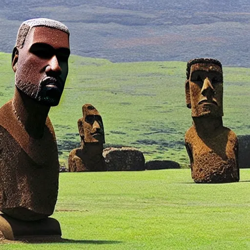 Image similar to Kanye West as a moai head on easter Island