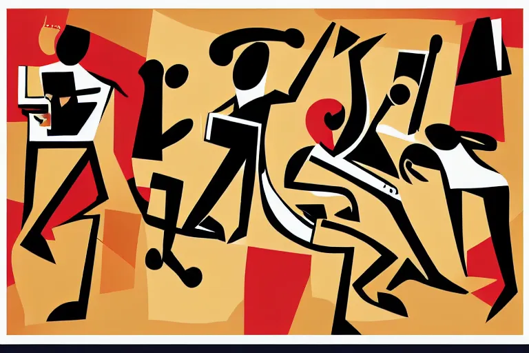 Prompt: 3 jazz musicians, head and shoulders playing with musical notes as abstract art in the style of Stuart Davis,shading, matte illustration