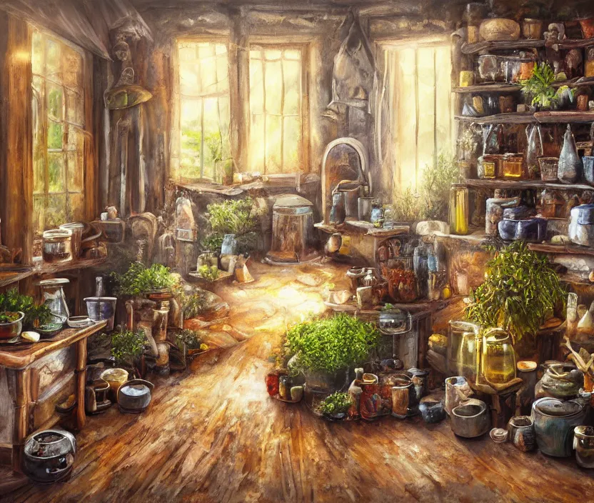 Prompt: expressive rustic oil painting, interior view of a cluttered herbalist cottage, waxy candles, [jars on wall], wood furnishings, herbs hanging, light bloom, dust, ambient occlusion, morning, rays of light coming through windows, dim lighting, brush strokes oil painting