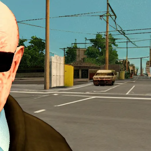 Image similar to Mike Ehrmantraut in Grove Street, screenshot from the PS2 version of GTA San Andreas