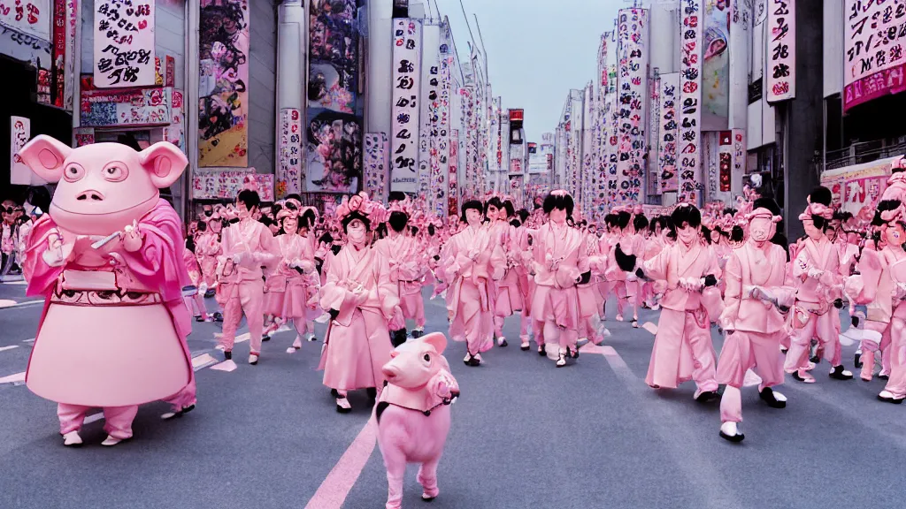 Prompt: manga of the imperial family in a parade on the streets Tokyo the imperial family are all dressed in pink and wearing pig masks, film still from the an anime directed by Katsuhiro Otomo with art direction by Salvador Dalí, wide lens