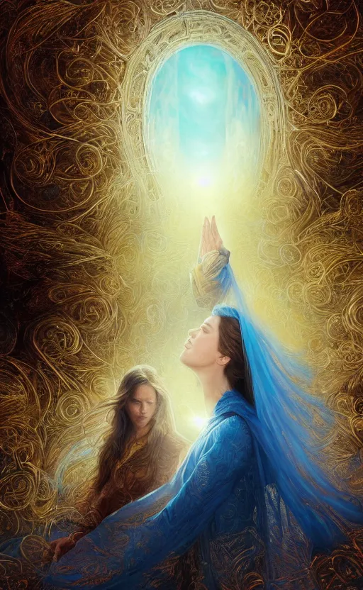 Image similar to peaceful uncertainty of saying goodbye, crossing over the spiritual veil to heaven, sharp focus, intricate, elegant, digital painting, artstation, matte, highly detailed, concept art, illustration, volumetric lighting, gold and blue and pink color scheme, bokeh light, art by greg olsen, arnold friberg, and liz lemon swindle