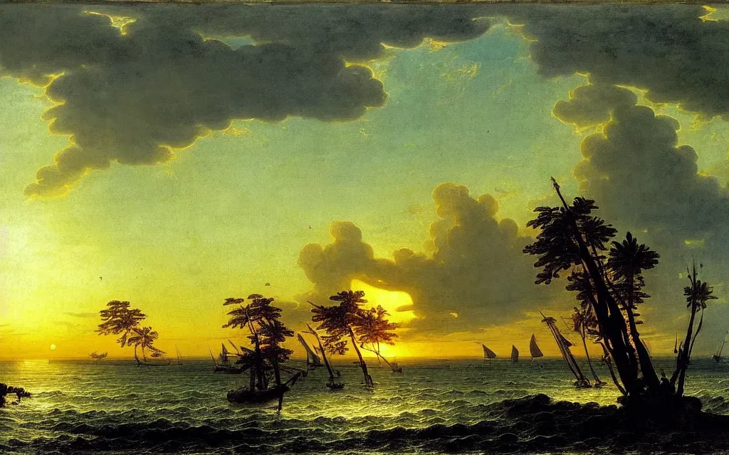 Prompt: a beautiful view of a tropical seascape, the sun is setting in the background, magical, stunning, art by caspar david friedrich and asher brown durand and peder balke, intricate details, trending on artstationhq and wikiart